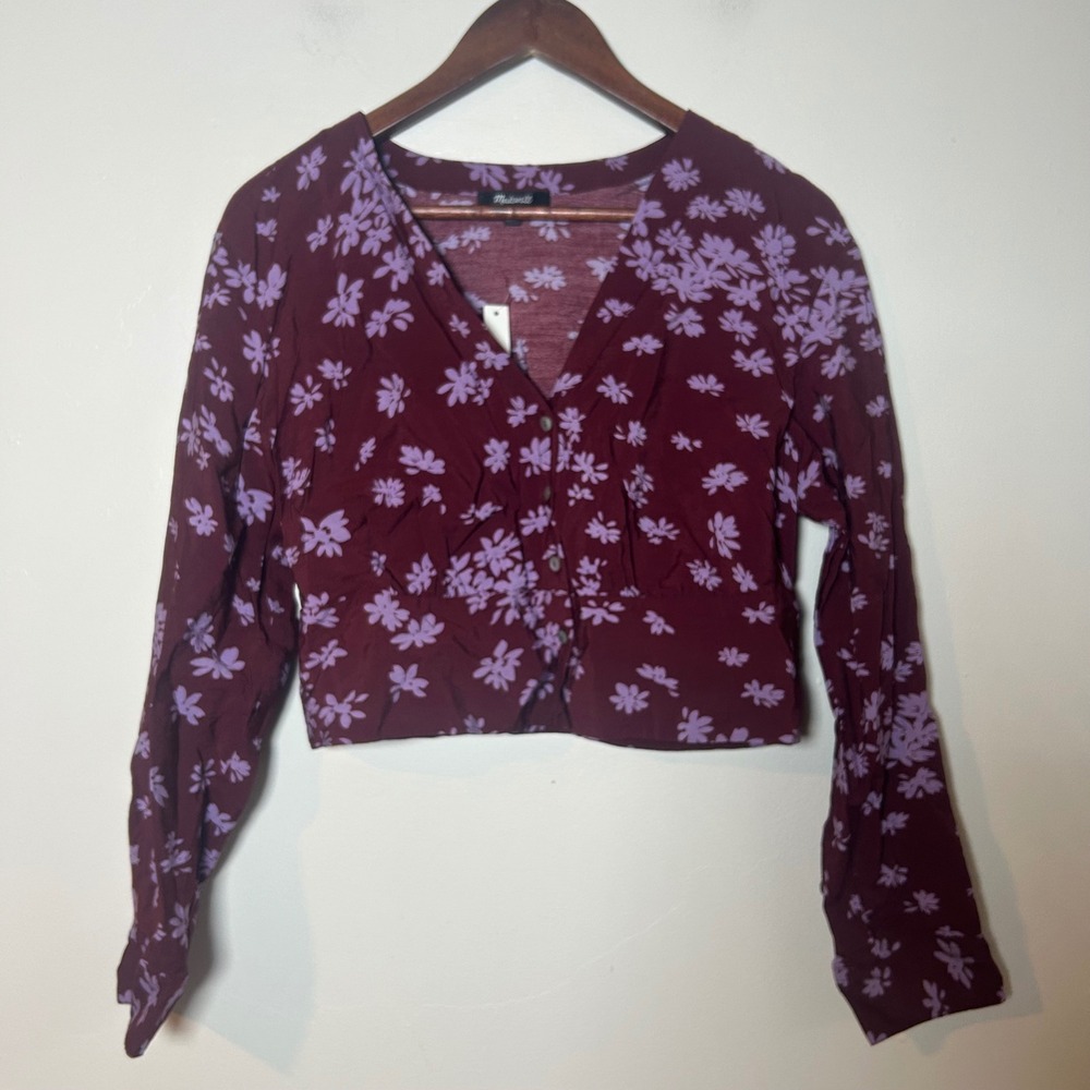 NWT Madewell Floral V-Neck Cropped Blouse‎ Womens Medium Burgundy Long Sleeve